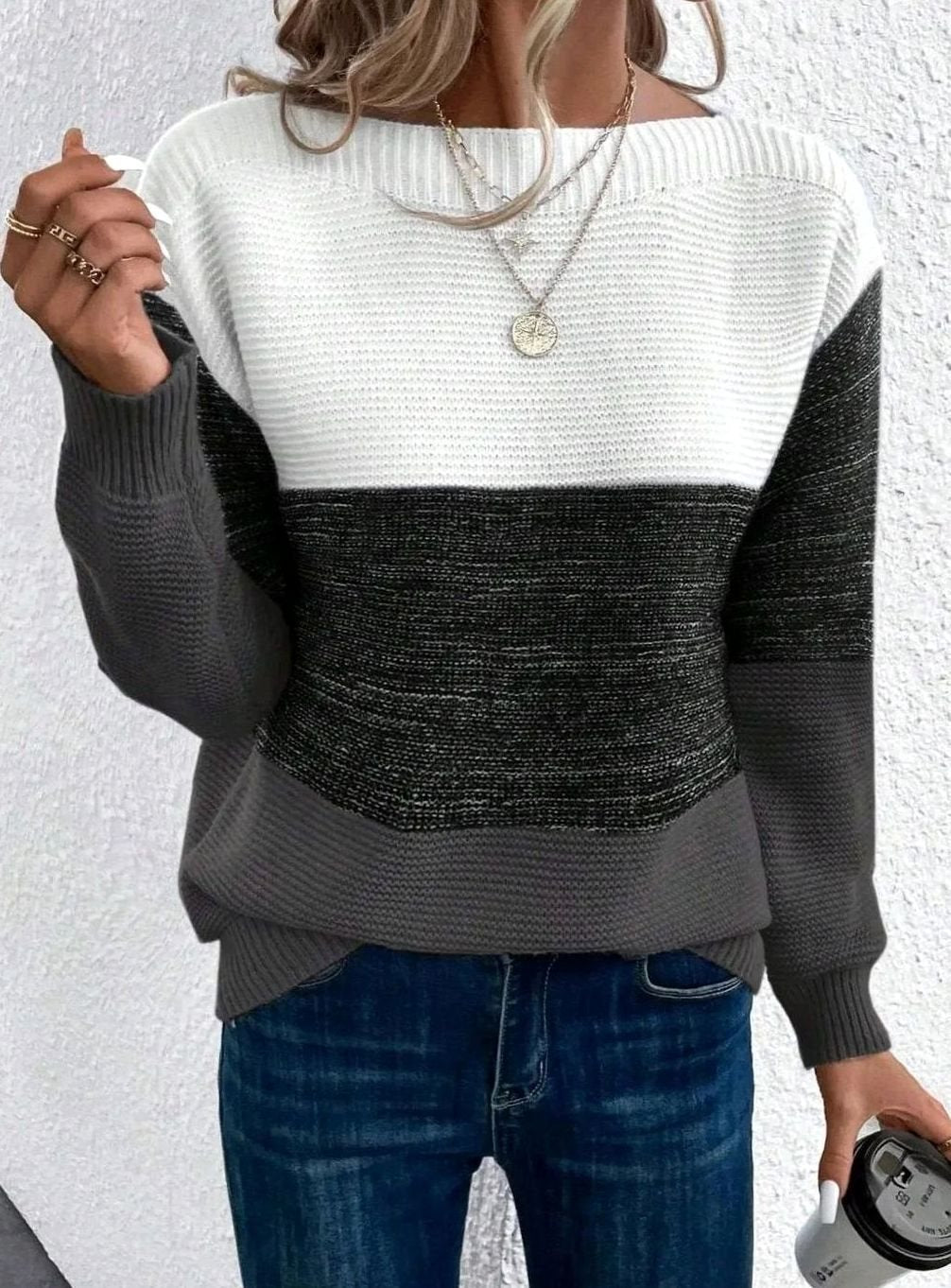 Women's sweater featuring a relaxed fit and boat neckline, designed with a soft color block ribbed knit pattern in pastel shades. 3