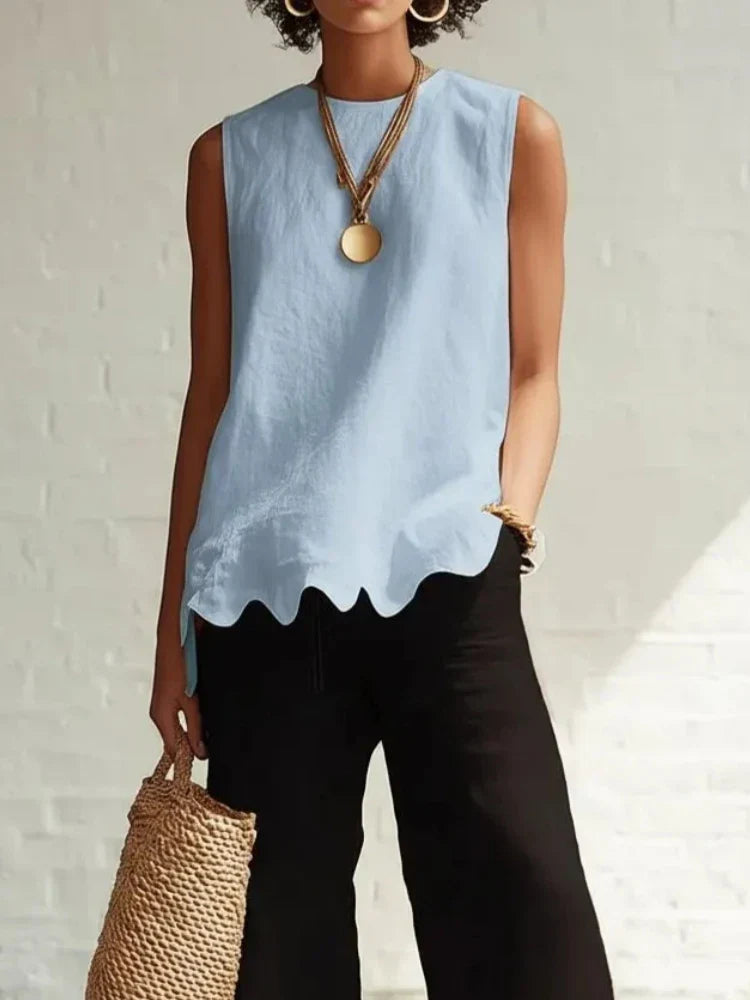 Women's sleeveless blouse featuring a scalloped hem and round neck, made from lightweight linen-style fabric for a relaxed fit, perfect for warm weather and casual 2