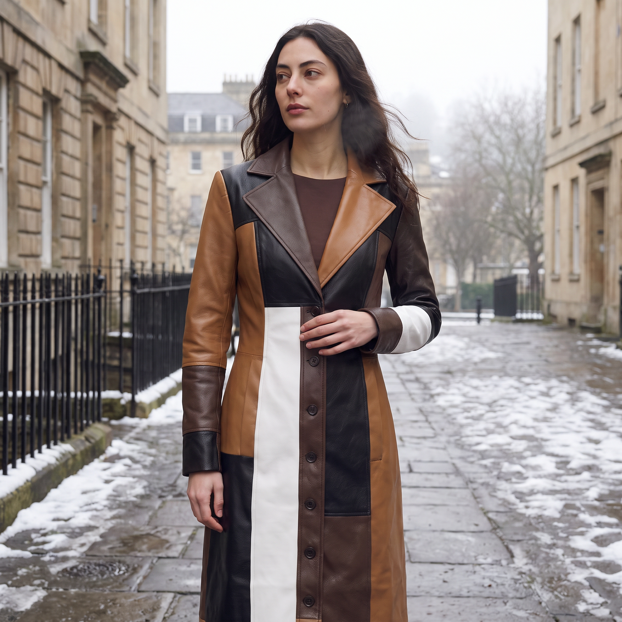 Women's trench coat featuring a stylish patchwork design in faux leather, showcasing a long structured silhouette in brown, black, and white colors. 2