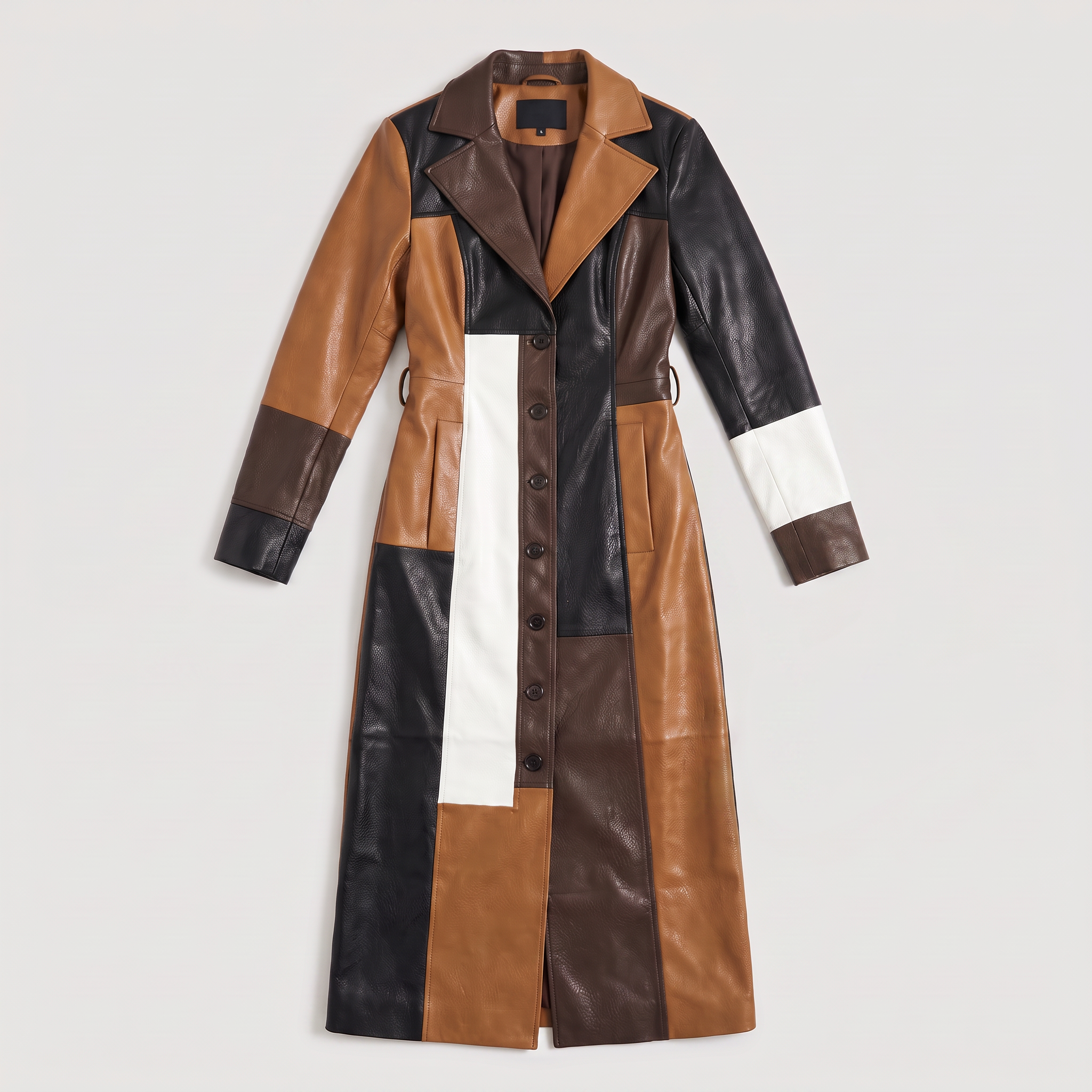 Women's trench coat featuring a stylish patchwork design in faux leather, showcasing a long structured silhouette in brown, black, and white colors. 5