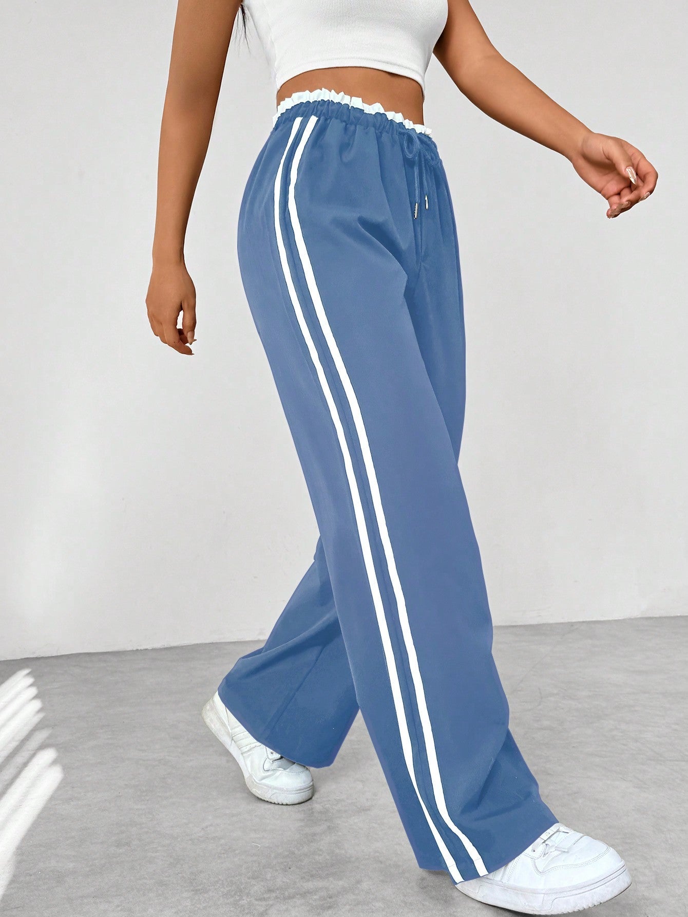 Women's Wide Leg Trousers with Adjustable Drawstring Waist and Sporty Side Stripes – Airy Casual Pants 1