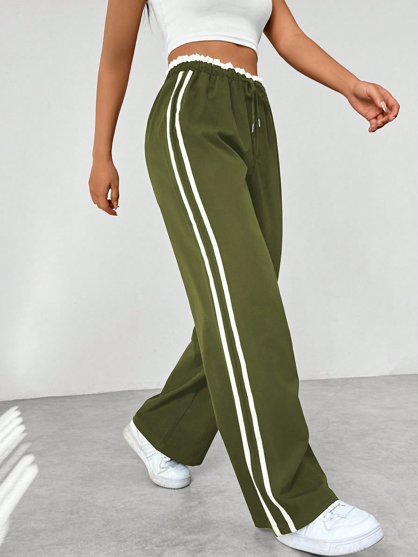 Women's Wide Leg Trousers with Adjustable Drawstring Waist and Sporty Side Stripes – Airy Casual Pants 7