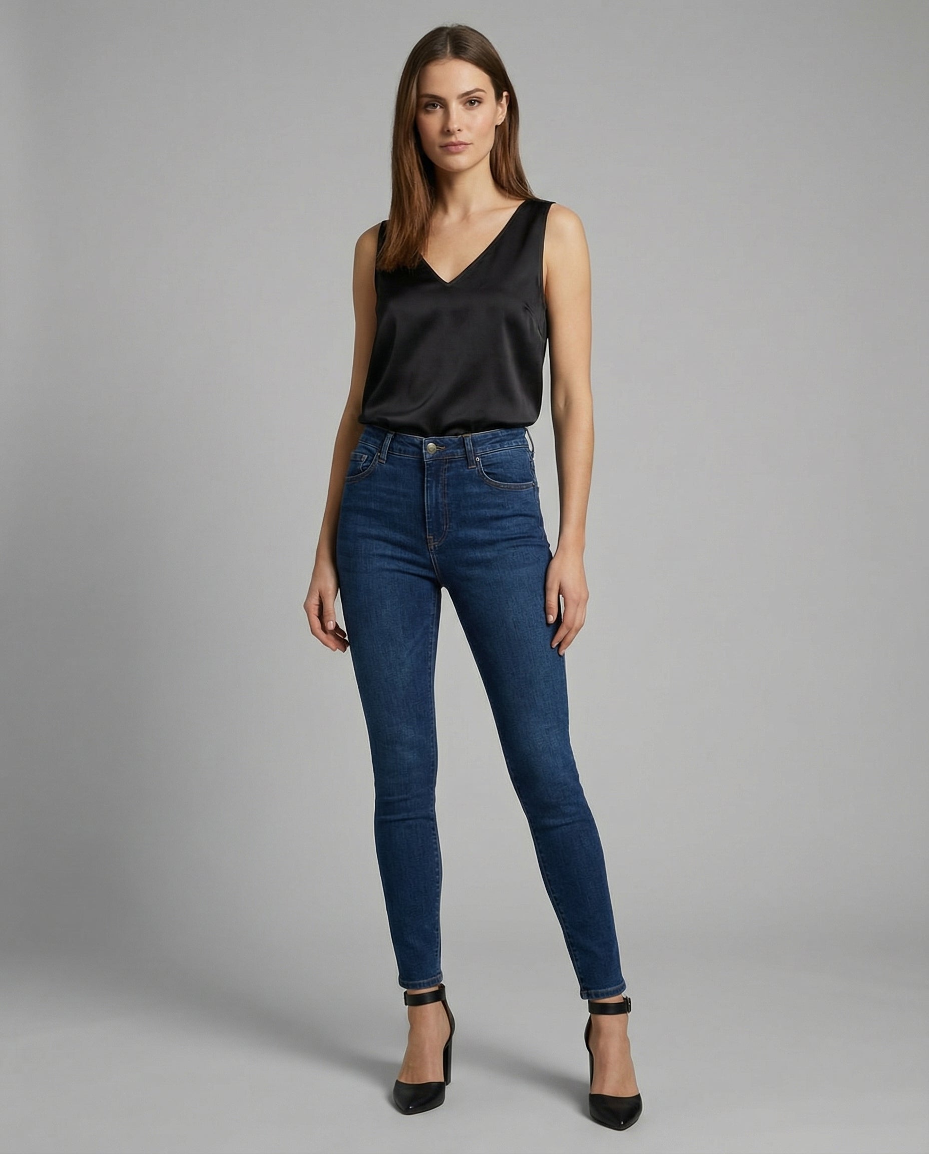 Elegant women's camisole top featuring a V-neckline and wide straps, crafted from luxurious satin fabric for a relaxed fit, perfect for layering or wearing alone 1