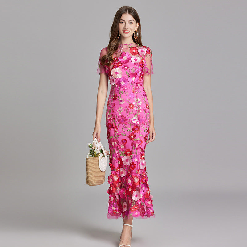Womens elegant midi length dress featuring floral embroidery and a high neckline, perfect for summer wedding guests. 4
