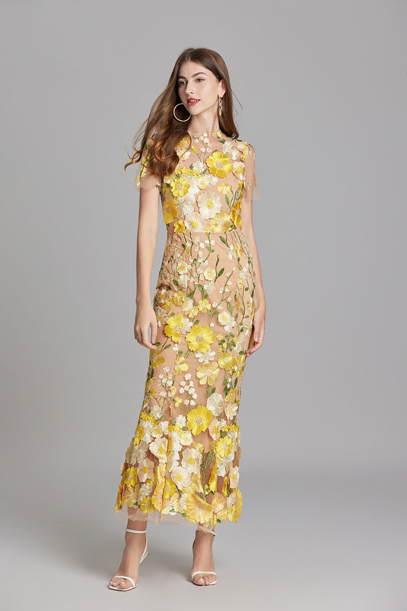 Womens elegant midi length dress featuring floral embroidery and a high neckline, perfect for summer wedding guests. 6