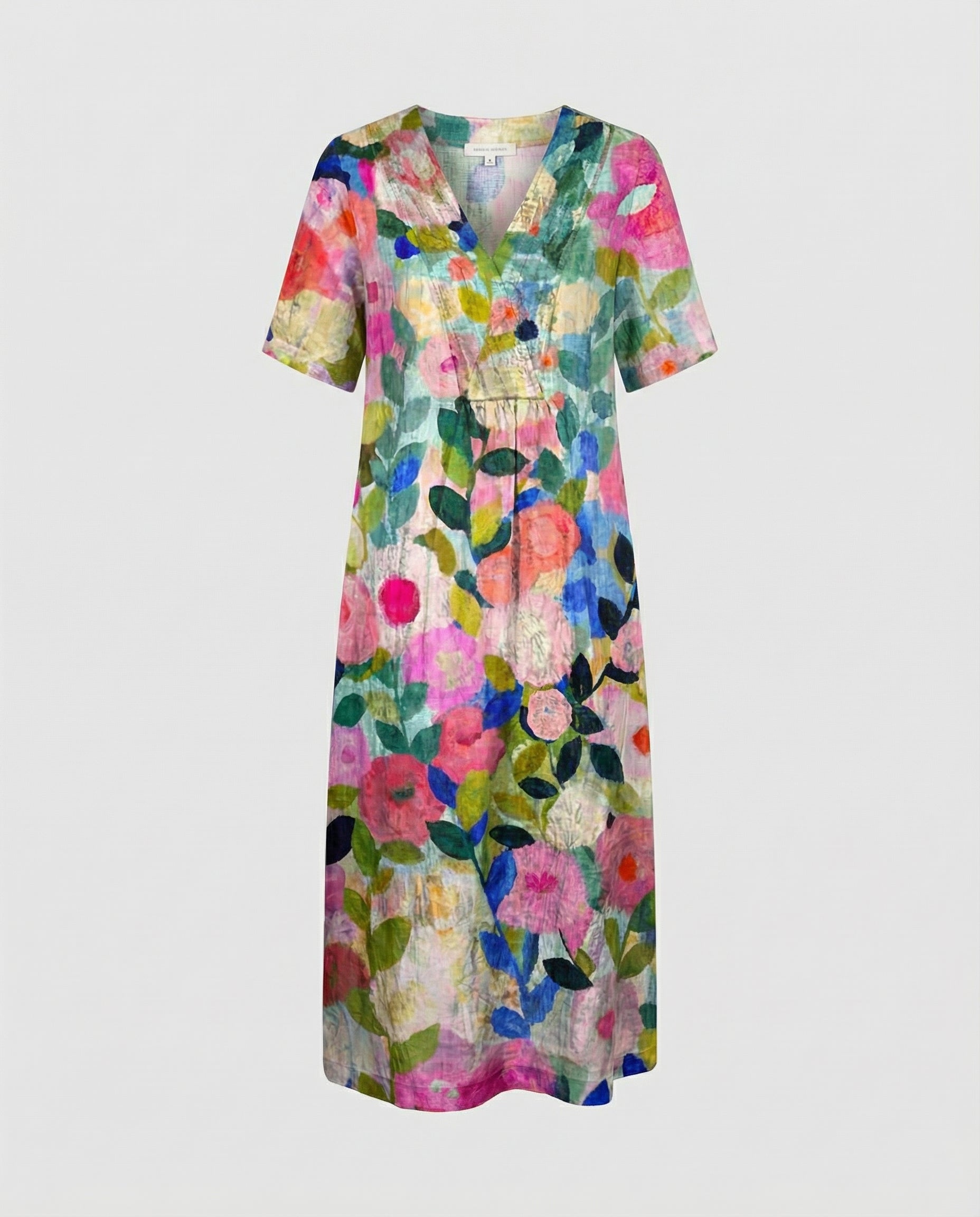 Womens floral linen midi dress featuring a V-neck and short sleeves, perfect for summer casual wear. 3