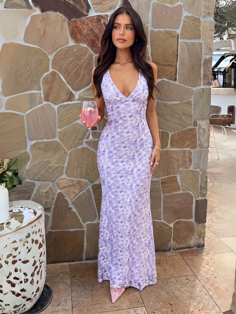 Womens Floral Wedding Guest Dress with V-Neckline in Elegant Purple – Perfect for Formal Occasions 2