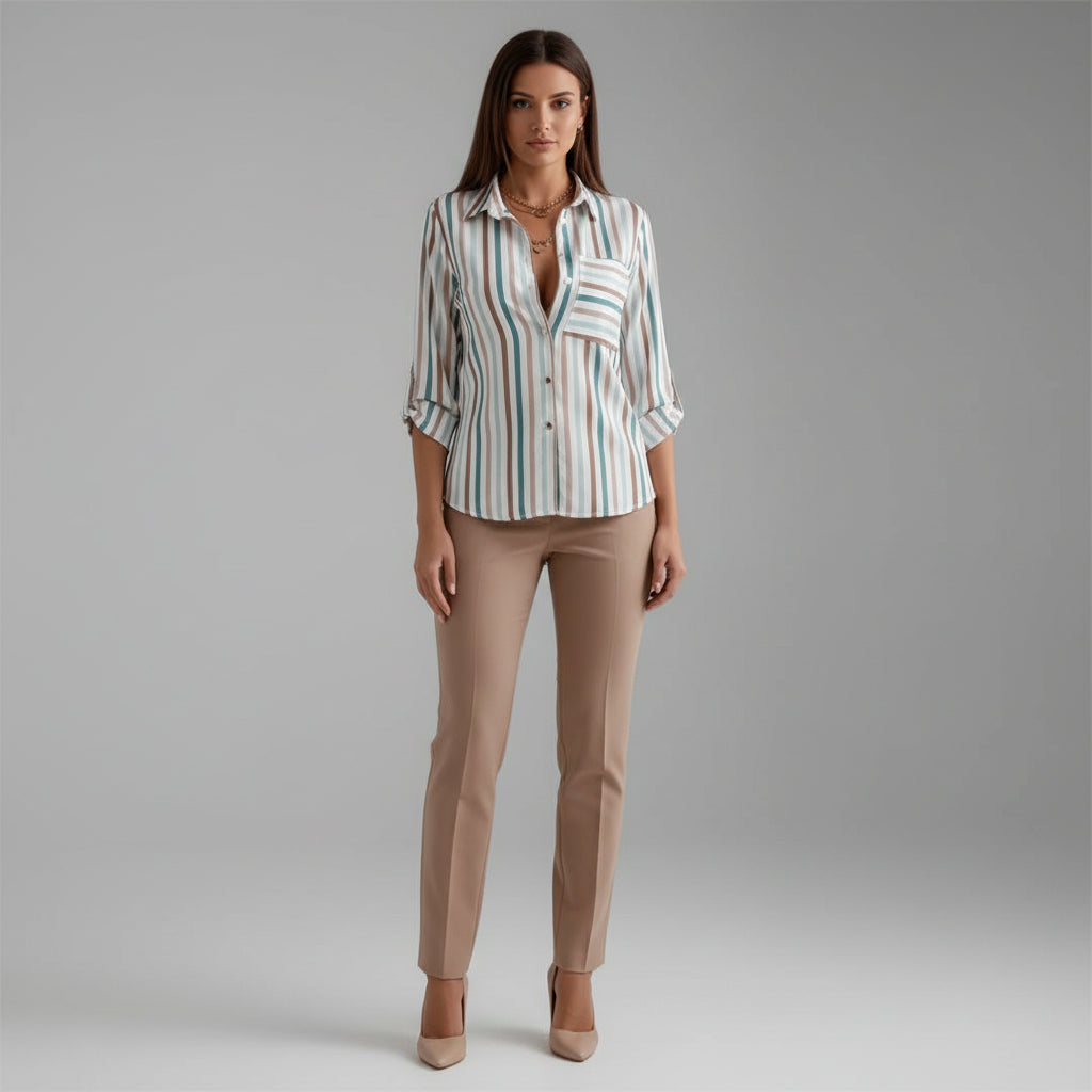 Womens lightweight printed blouse featuring a classic collar and roll-up sleeves, designed for a relaxed fit ideal for casual or semi-formal occasions. 2