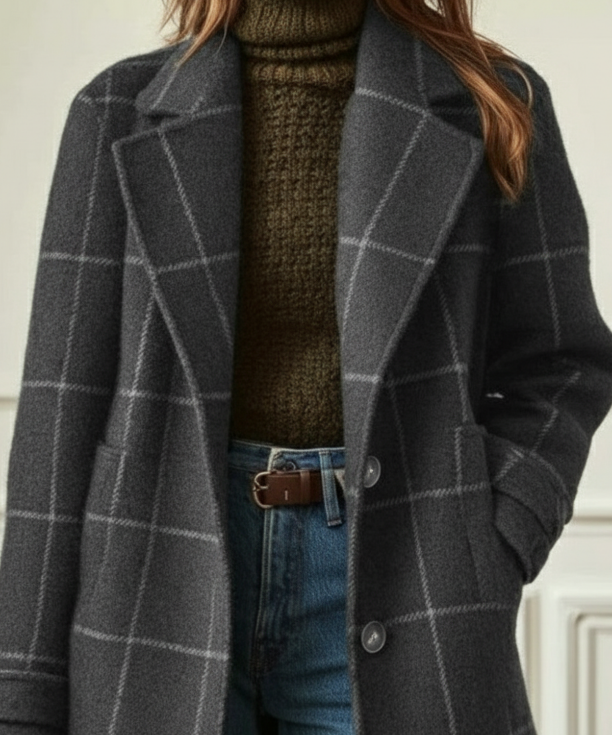 Elegant women's wool check coat featuring a soft lining and stylish lapel collar, perfect for winter outerwear. 5