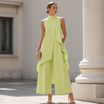 Black Jumpsuit Women with High Neckline and Draped Overlay – Elegant Wide-Leg Design for Special Occasions