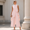 Black Jumpsuit Women with High Neckline and Draped Overlay – Elegant Wide-Leg Design for Special Occasions