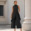 Black Jumpsuit Women with High Neckline and Draped Overlay – Elegant Wide-Leg Design for Special Occasions