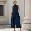 Black Jumpsuit Women with High Neckline and Draped Overlay – Elegant Wide-Leg Design for Special Occasions