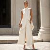 Black Jumpsuit Women with High Neckline and Draped Overlay – Elegant Wide-Leg Design for Special Occasions