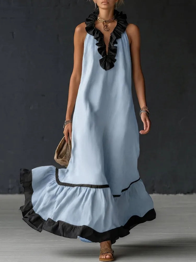 Elegant A-Line Maxi Dress with Ruffle Trim and V-Neck, featuring a sleeveless design in blue and off-white, perfect for women's formal and 0