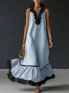 Elegant A-Line Maxi Dress with Ruffle Trim and V-Neck, featuring a sleeveless design in blue and off-white, perfect for women's formal and 0