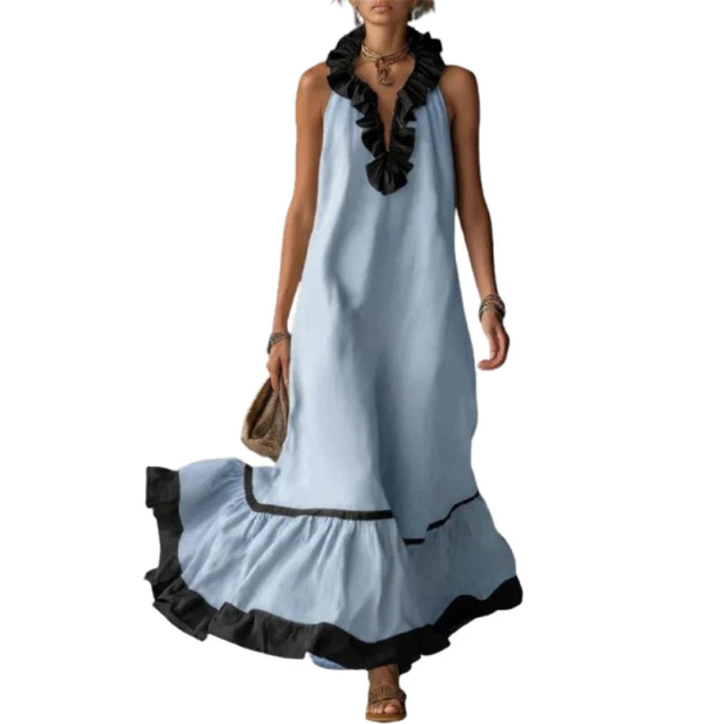 Elegant A-Line Maxi Dress with Ruffle Trim and V-Neck, featuring a sleeveless design in blue and off-white, perfect for women's formal and 4