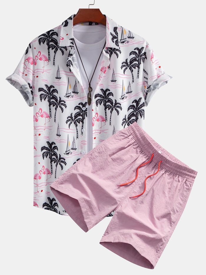 Beachwear Set with Palm Tree Flamingo Print – Lightweight Polyester Shirt and Nylon Swim Shorts 0