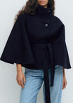 Belted black cape coat with stand collar and button closure, made from wool-style fabric for women, perfect for stylish winter layering. 2