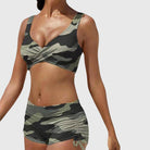Bikini swimsuit set featuring a trendy camouflage pattern, designed as a sporty two-piece swimwear for women, perfect for beach and pool activities. 0