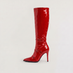 Black knee high boots featuring a sleek patent finish, inner zip closure, and stylish buckled straps, designed with elegant stiletto heels for women. 5