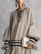 Bohemian maxi dress featuring long sleeves and a ruffled skirt in a stylish brown and white stripe cotton blend, perfect for casual and semi-formal occasions 2