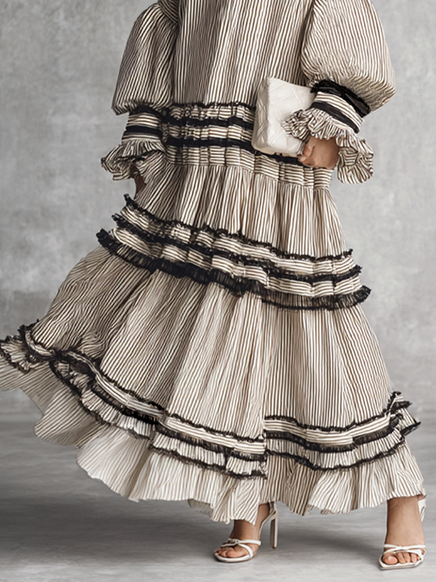 Bohemian maxi dress featuring long sleeves and a ruffled skirt in a stylish brown and white stripe cotton blend, perfect for casual and semi-formal occasions 3