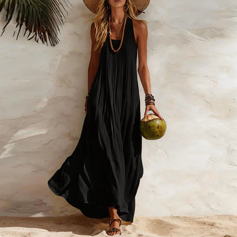 Boho maxi dress with U-neck and sleeveless design, featuring a flowy lightweight silhouette perfect for women’s casual summer outings. 0