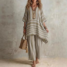 Boho vintage women's outfit featuring a stylish V-neck top and wide leg pants with a chic striped design, perfect for summer holidays. 5