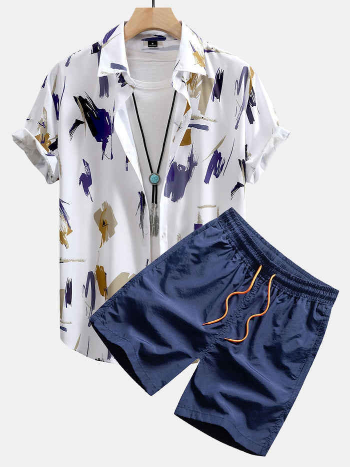 Brushstroke Print Shirt and Shorts Set – Lightweight Polyester and Nylon – Casual Beachwear 0
