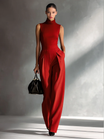 Burgundy jumpsuit for women featuring wide-leg trousers, made from a breathable cotton-linen blend with a sleeveless high neck design. 0