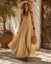 Boho Maxi Dress with U-Neck and Sleeveless Design – Flowy Lightweight Long Dress for Women