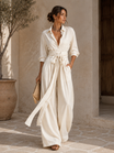 Women's Jumpsuit with Belt and Shirt Collar – Breathable Cotton-Linen Blend, Long Sleeves, Versatile Design