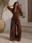 Women's Jumpsuit with Belt and Shirt Collar – Breathable Cotton-Linen Blend, Long Sleeves, Versatile Design
