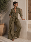 Women's Jumpsuit with Belt and Shirt Collar – Breathable Cotton-Linen Blend, Long Sleeves, Versatile Design