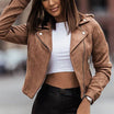 Cropped biker jacket for women featuring an asymmetric zip and lapel collar in a soft suede-style finish. 3