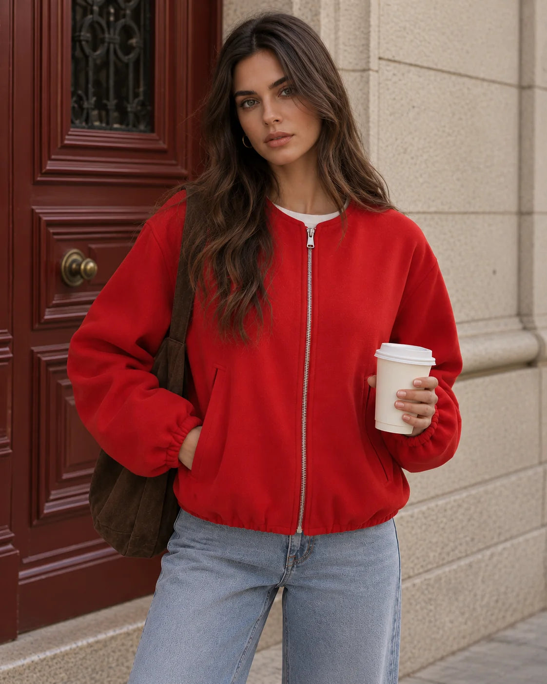 Cropped bomber jacket for women featuring a zip-up front and soft lightweight fleece design, perfect for stylish layering in cool weather. 1