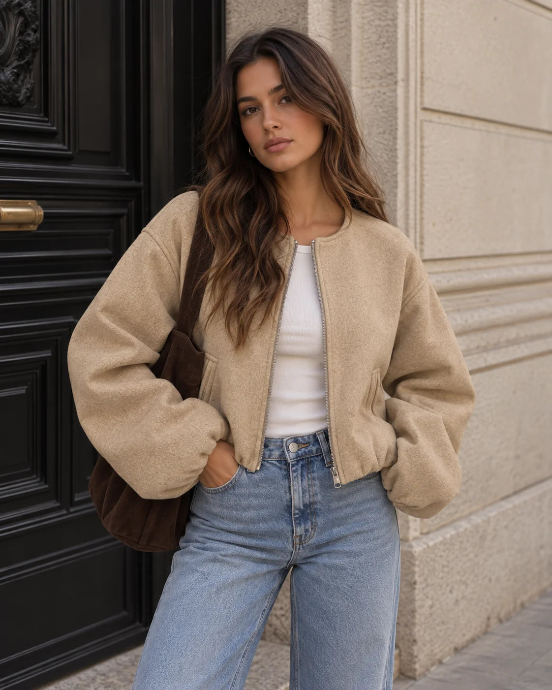 Cropped bomber jacket for women featuring a zip-up front and soft lightweight fleece design, perfect for stylish layering in cool weather. 5