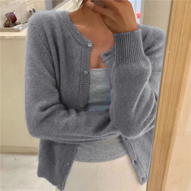 Cropped cardigan sweater for women featuring a button front and round neckline, made from soft cashmere-feel knit for ultimate comfort and style. 0