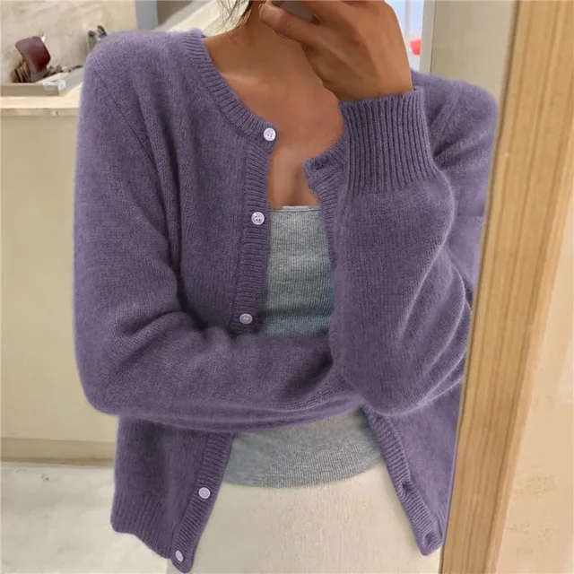 Cropped cardigan sweater for women featuring a button front and round neckline, made from soft cashmere-feel knit for ultimate comfort and style. 3