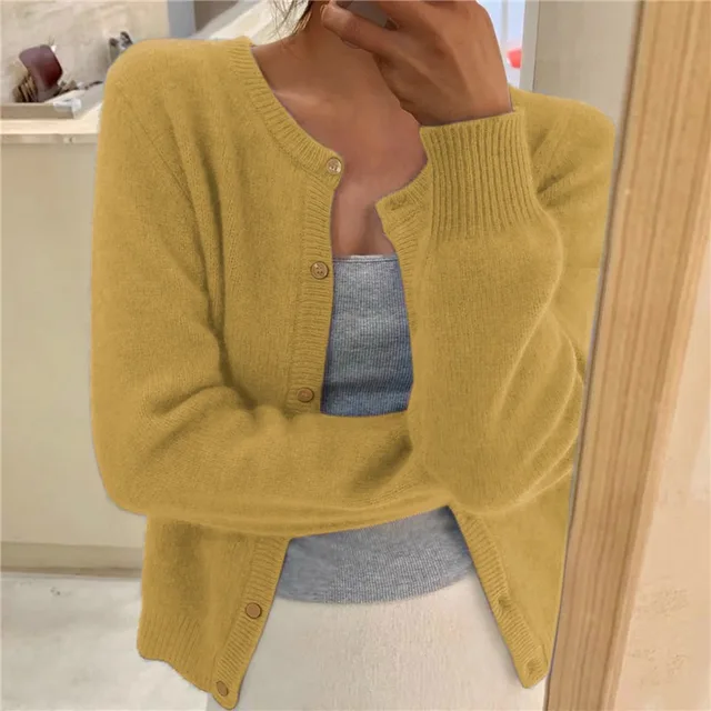 Cropped cardigan sweater for women featuring a button front and round neckline, made from soft cashmere-feel knit for ultimate comfort and style. 5