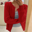 Cropped cardigan sweater for women featuring a button front and round neckline, made from soft cashmere-feel knit for ultimate comfort and style. 7