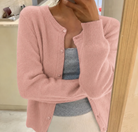Cropped cardigan sweater for women featuring a button front and round neckline, made from soft cashmere-feel knit for ultimate comfort and style. 9