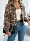 Cropped plaid shacket for women featuring a button front and chest pockets, made from soft flannel for a casual layered look. 0