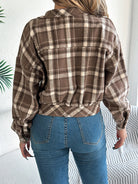 Cropped plaid shacket for women featuring a button front and chest pockets, made from soft flannel for a casual layered look. 1