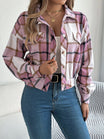 Cropped plaid shacket for women featuring a button front and chest pockets, made from soft flannel for a casual layered look. 2