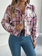 Cropped plaid shacket for women featuring a button front and chest pockets, made from soft flannel for a casual layered look. 2