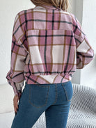 Cropped plaid shacket for women featuring a button front and chest pockets, made from soft flannel for a casual layered look. 3