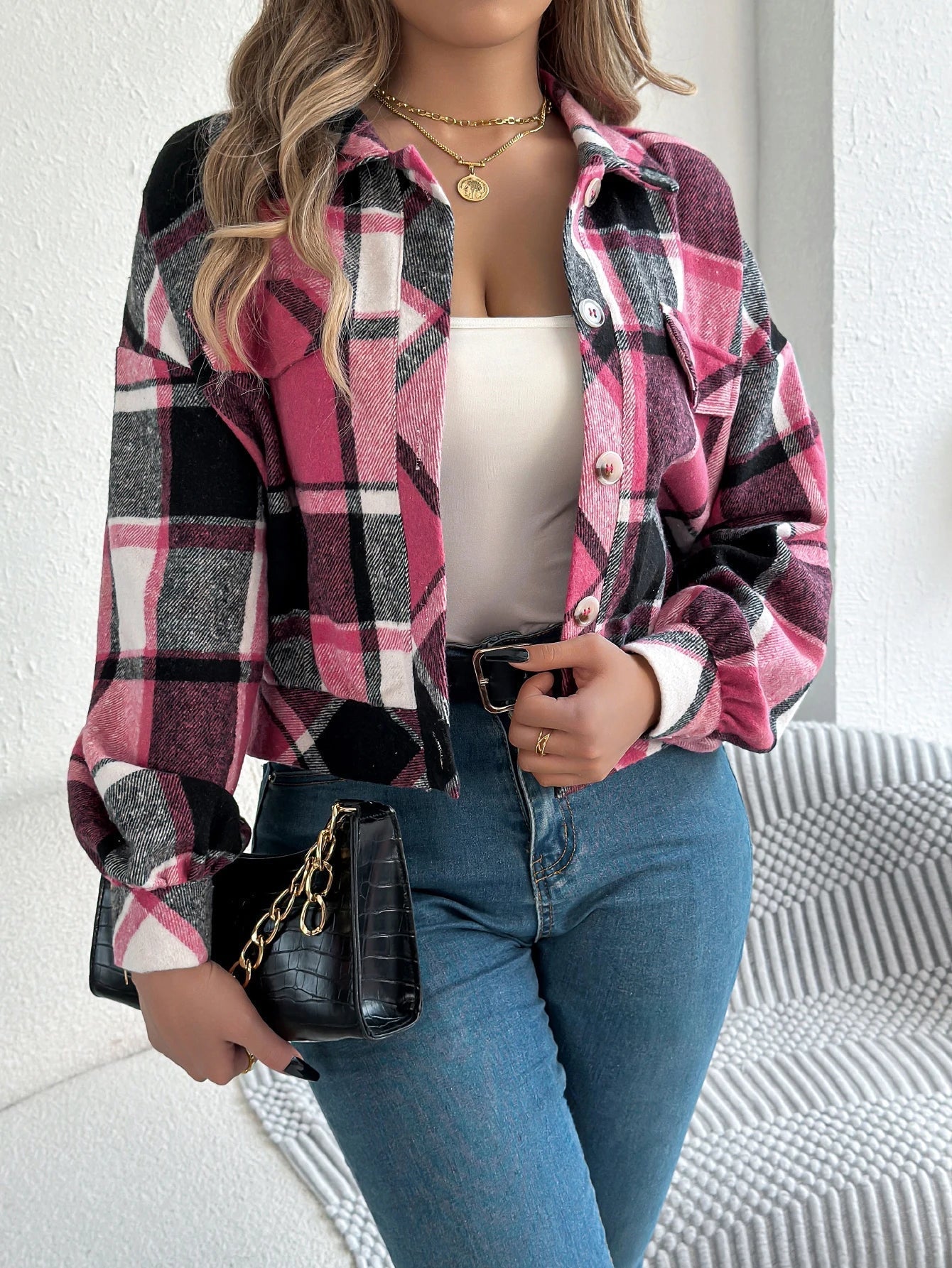 Cropped plaid shacket for women featuring a button front and chest pockets, made from soft flannel for a casual layered look. 4