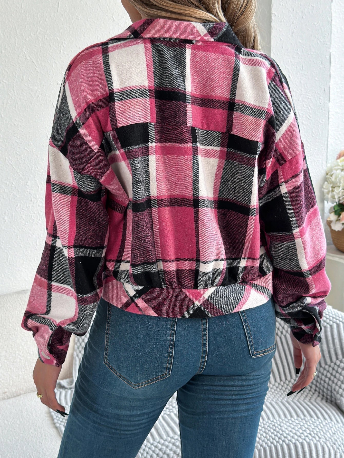 Cropped plaid shacket for women featuring a button front and chest pockets, made from soft flannel for a casual layered look. 5
